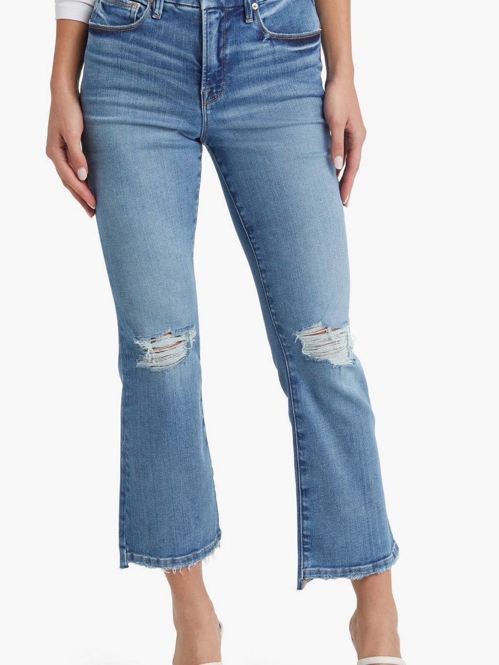 Good American Light Blue Distressed Cropped Bootcut Jeans